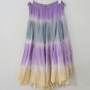 Vintage Y2K Tie Dye Peasant Midi Skirt Raw Hem Drawstring Purple Yellow Medium M
